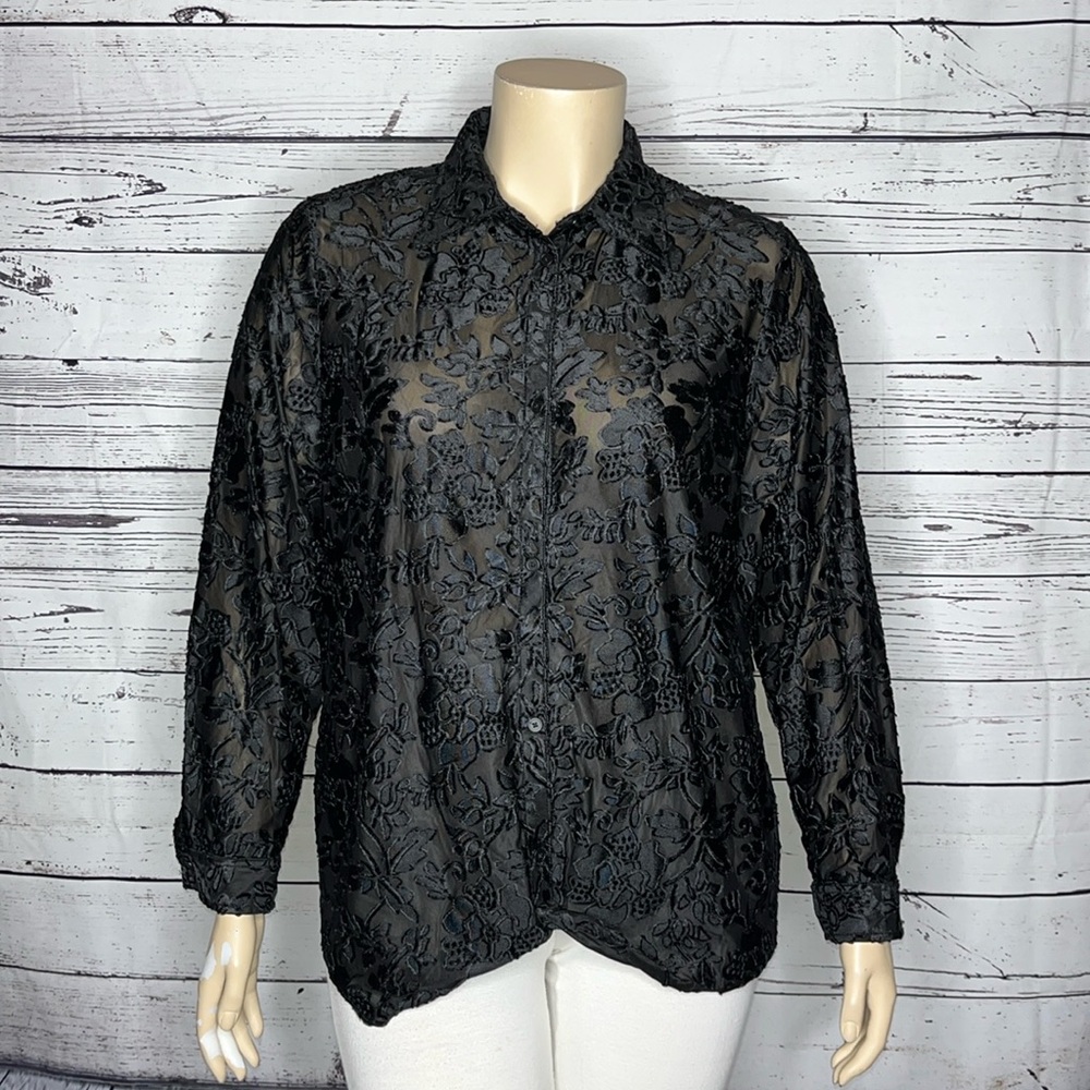 DG2 by Diane Gilman NWT 1X Black - Floral Embossed Burnout Button Up Blouse Top - Picture 1 of 5